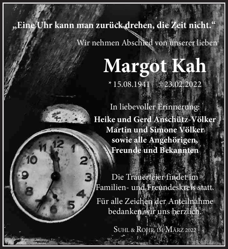  Traueranzeige für Margot Kah vom 12.03.2022 aus Südthüringer Presse