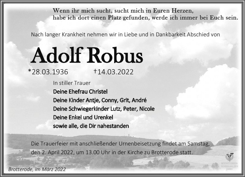  Traueranzeige für Adolf Robus vom 26.03.2022 aus Südthüringer Presse