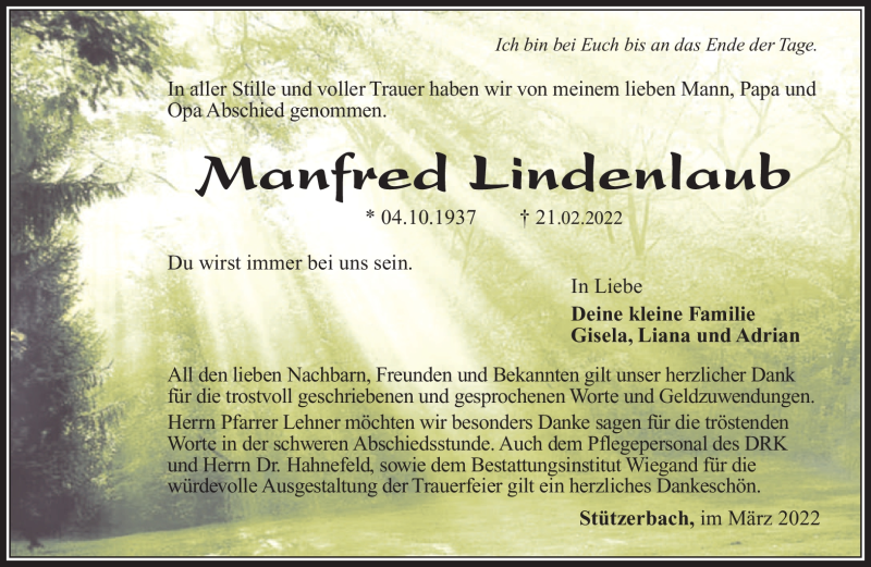  Traueranzeige für Manfred Lindenlaub vom 12.03.2022 aus Südthüringer Presse