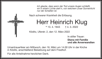 Traueranzeige von Heinrich Klug von Frankenpost