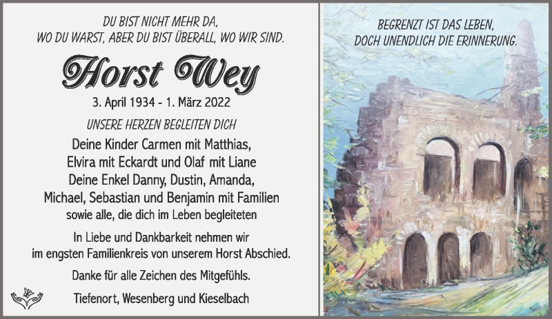  Traueranzeige für Horst Wey vom 12.03.2022 aus Südthüringer Presse