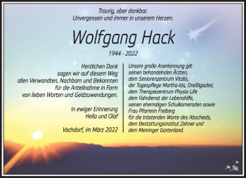 Traueranzeige von Wolfgang Hack von Südthüringer Presse
