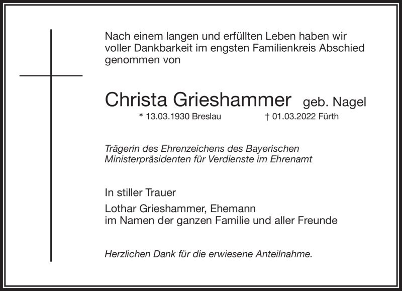  Traueranzeige für Christa Grieshammer vom 19.03.2022 aus Frankenpost