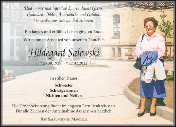 Traueranzeige von Hildegard Salewski von Südthüringer Presse