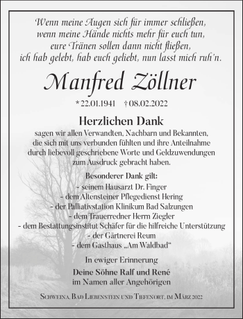 Traueranzeige von Manfred Zöllner von Südthüringer Presse