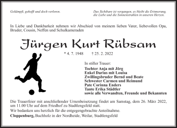 Traueranzeige von Jürgen Rübsam von Südthüringer Presse