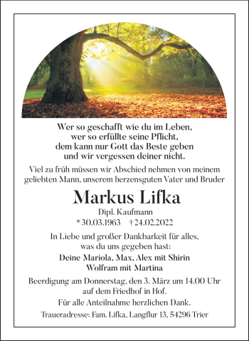 Traueranzeige von Markus Lifka von Frankenpost