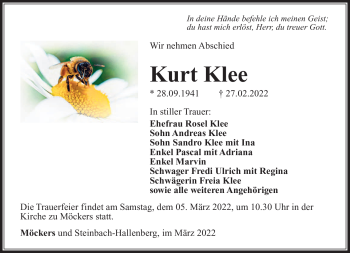 Traueranzeige von Kurt Klee von Südthüringer Presse
