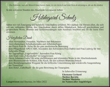 Traueranzeige von Hildegard Schulz von Südthüringer Presse