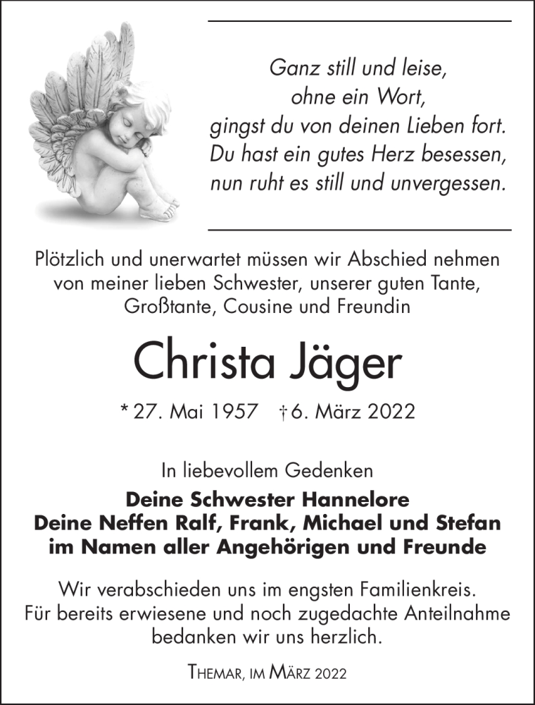  Traueranzeige für Christa Jäger vom 19.03.2022 aus Südthüringer Presse