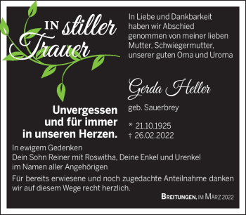 Traueranzeige von Gerda Heller von Südthüringer Presse