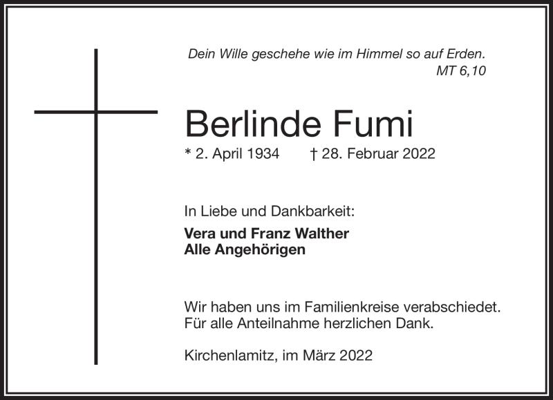  Traueranzeige für Berlinde Fumi vom 16.03.2022 aus Frankenpost