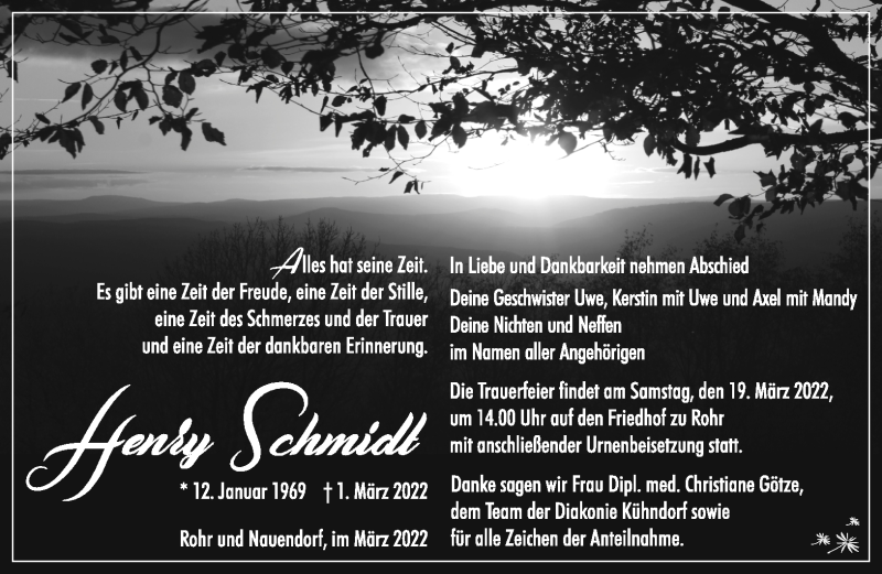  Traueranzeige für Henry Schmidt vom 12.03.2022 aus Südthüringer Presse