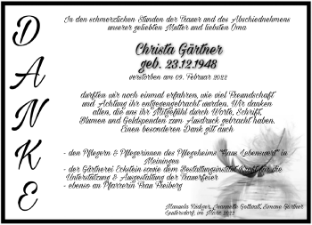Traueranzeige von Christa Gärtner von Südthüringer Presse