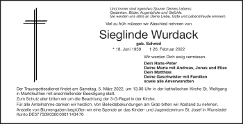 Traueranzeige von Sieglinde Wurdack von Frankenpost