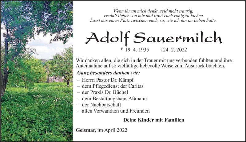  Traueranzeige für Adolf Sauermilch vom 29.04.2022 aus Südthüringer Presse