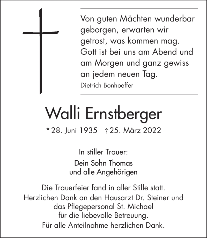  Traueranzeige für Walli Ernstberger vom 23.04.2022 aus Frankenpost