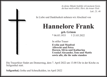 Traueranzeige von Hannelore Frank von Südthüringer Presse