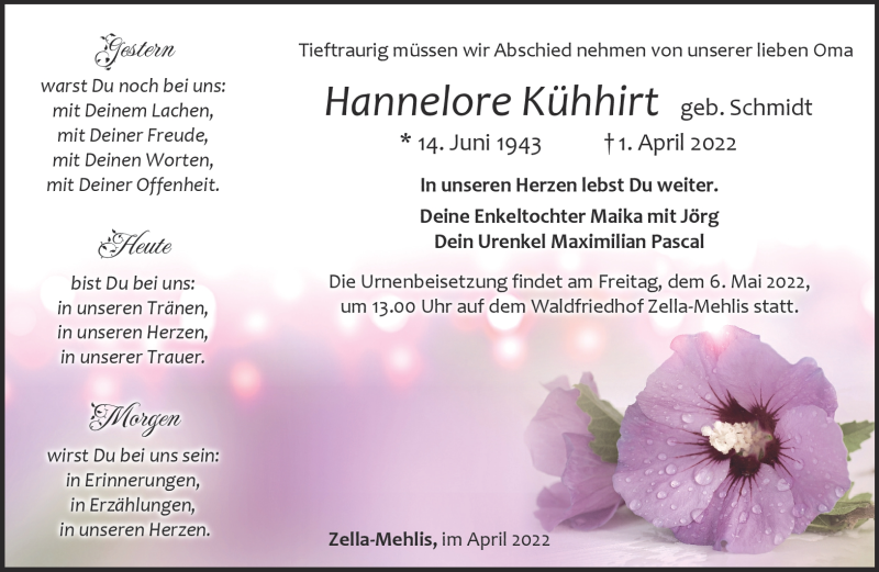  Traueranzeige für Hannelore Kühhirt vom 16.04.2022 aus Südthüringer Presse