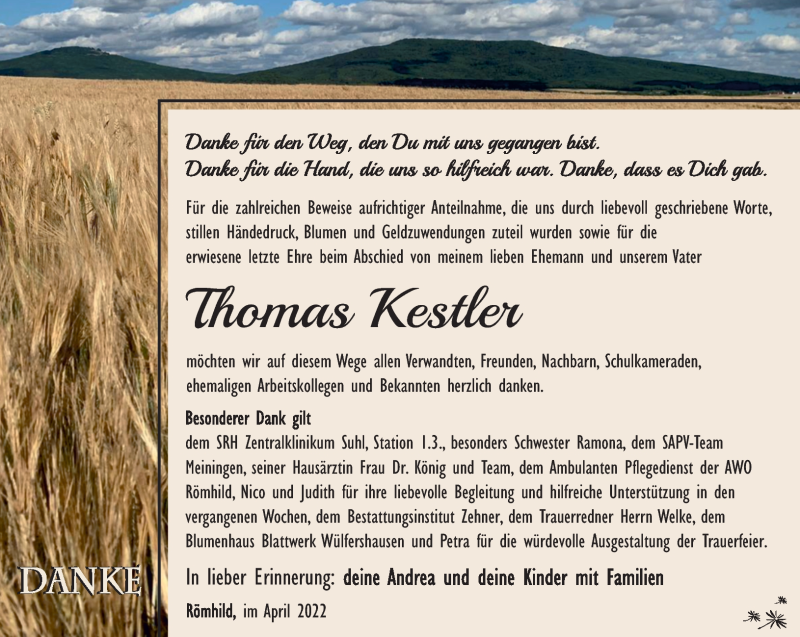 Traueranzeige für Thomas Kestler vom 30.04.2022 aus Südthüringer Presse