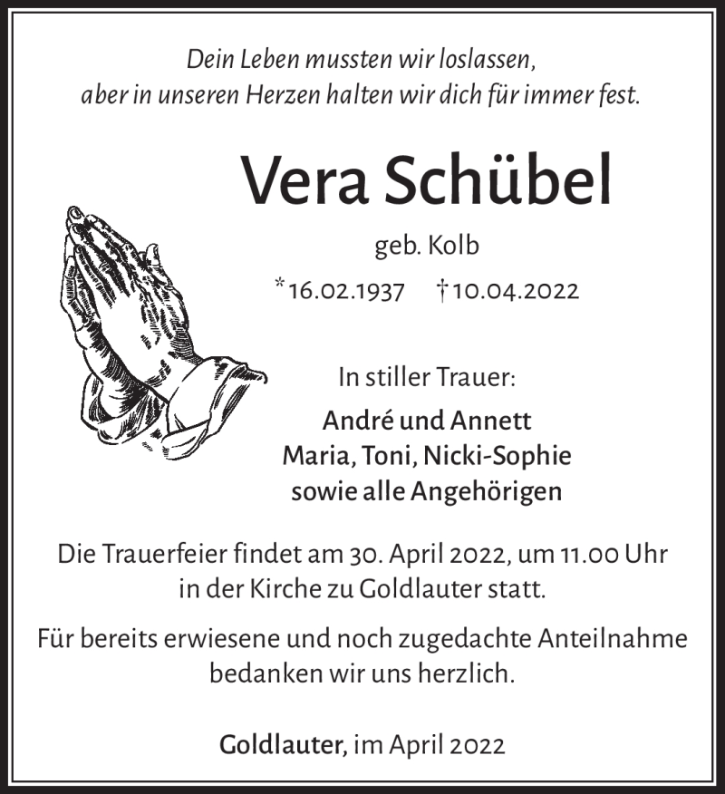  Traueranzeige für Vera Schübel vom 23.04.2022 aus Südthüringer Presse