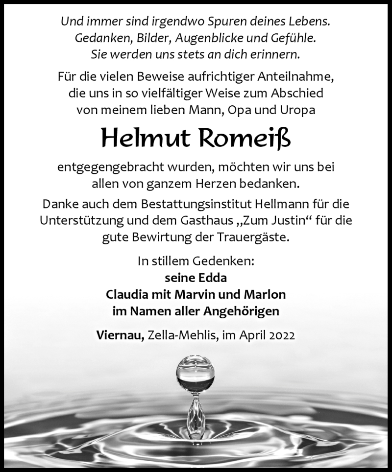  Traueranzeige für Helmut Romeiß vom 02.04.2022 aus Südthüringer Presse