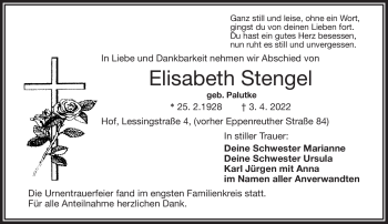 Traueranzeige von Elisabeth Stengel von Frankenpost