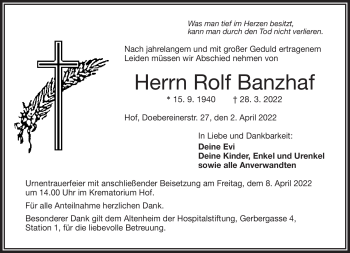 Traueranzeige von Rolf Banzhaf von Frankenpost
