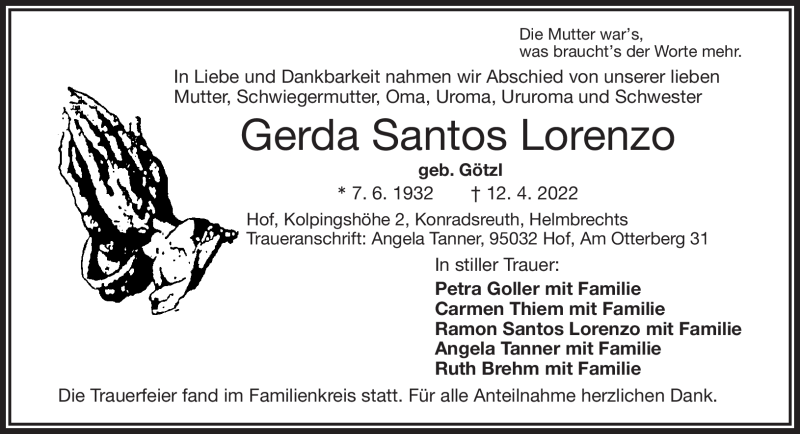  Traueranzeige für Gerda Santos Loenzo vom 23.04.2022 aus Frankenpost