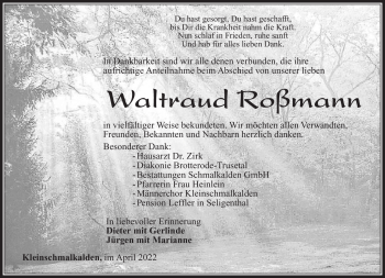 Traueranzeige von Waltraud Roßmann von Südthüringer Presse