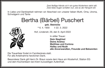 Traueranzeige von Bertha Puschert von Frankenpost