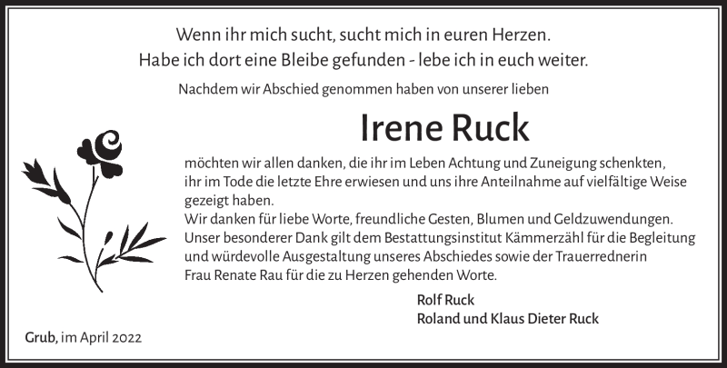  Traueranzeige für Irene Ruck vom 30.04.2022 aus Südthüringer Presse