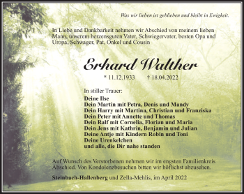 Traueranzeige von Erhard Walther von Südthüringer Presse