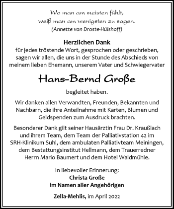 Traueranzeige von Hans-Bernd Groß von Südthüringer Presse