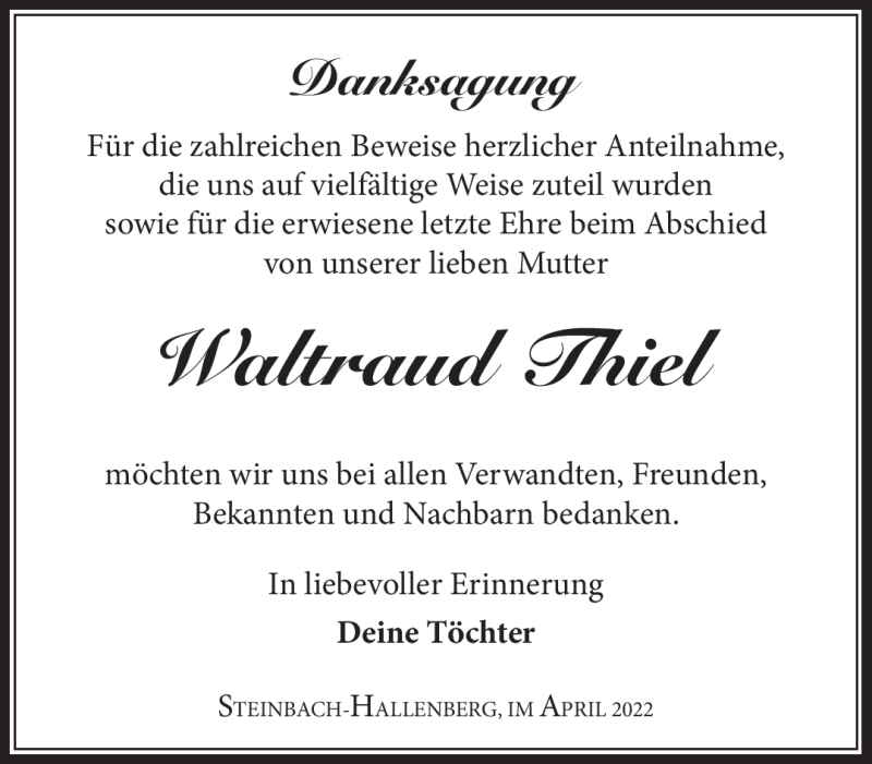  Traueranzeige für Waltraud Thiel vom 05.04.2022 aus Südthüringer Presse