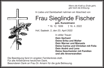 Traueranzeige von Sieglinde Fischer von Frankenpost