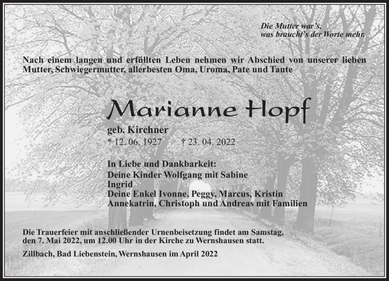  Traueranzeige für Marianne Hopf vom 30.04.2022 aus Südthüringer Presse