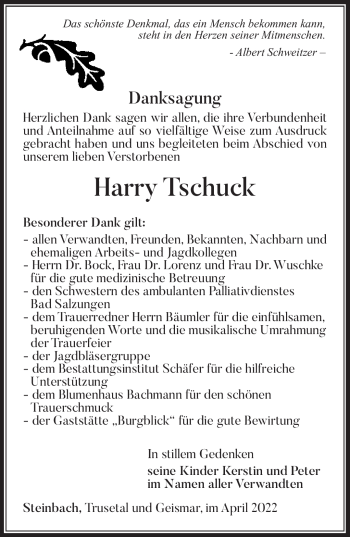 Traueranzeige von Harry Tschuck von Südthüringer Presse