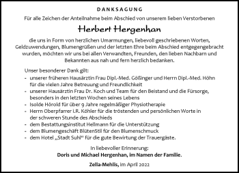 Traueranzeige von Herbert Hergenhan von Südthüringer Presse