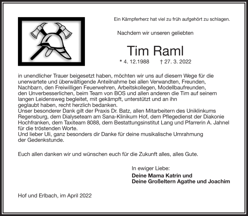  Traueranzeige für Tim Raml vom 07.04.2022 aus Frankenpost