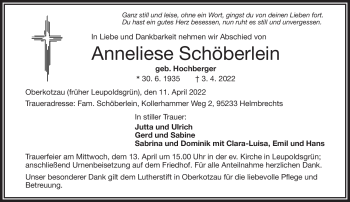 Traueranzeige von Anneliese Schöberlein von Frankenpost