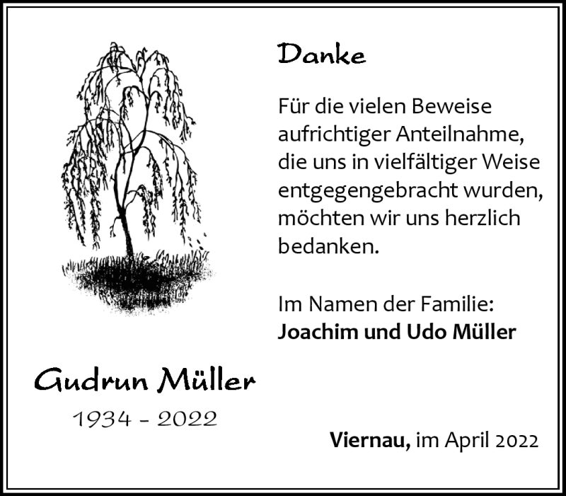  Traueranzeige für Gudrun Müller vom 02.04.2022 aus Südthüringer Presse