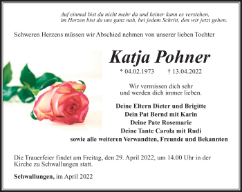 Traueranzeige von Katja Pohner von Südthüringer Presse