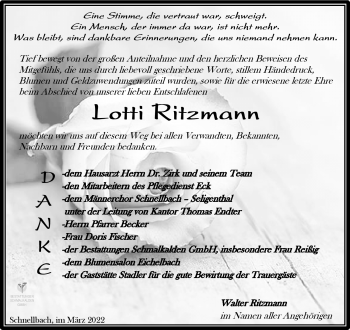 Traueranzeige von Lotti Ritzmann von Südthüringer Presse