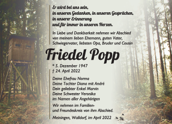 Traueranzeige von Friedel Popp von Südthüringer Presse
