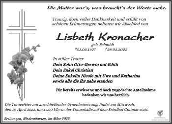 Traueranzeige von Lisbeth Kronacher von Südthüringer Presse