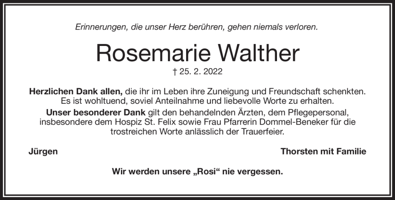  Traueranzeige für Rosemarie Walther vom 02.04.2022 aus Frankenpost