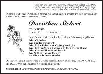 Traueranzeige von Dorothea Sickert von Südthüringer Presse