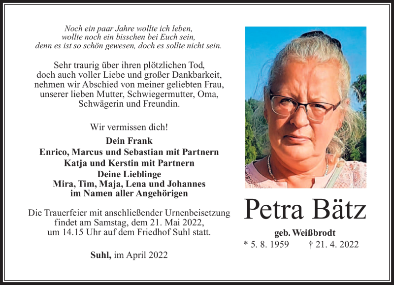  Traueranzeige für Petra Bätz vom 30.04.2022 aus Südthüringer Presse