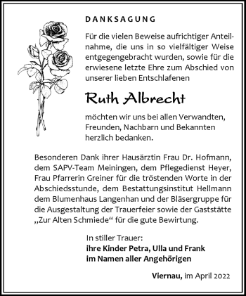 Traueranzeige von Ruth Albrecht von Südthüringer Presse